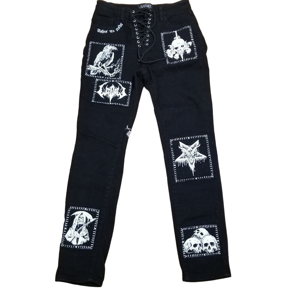 Widow NWOTs Miss Murder Lace-Up Patch Black Stretch Jeans Size S